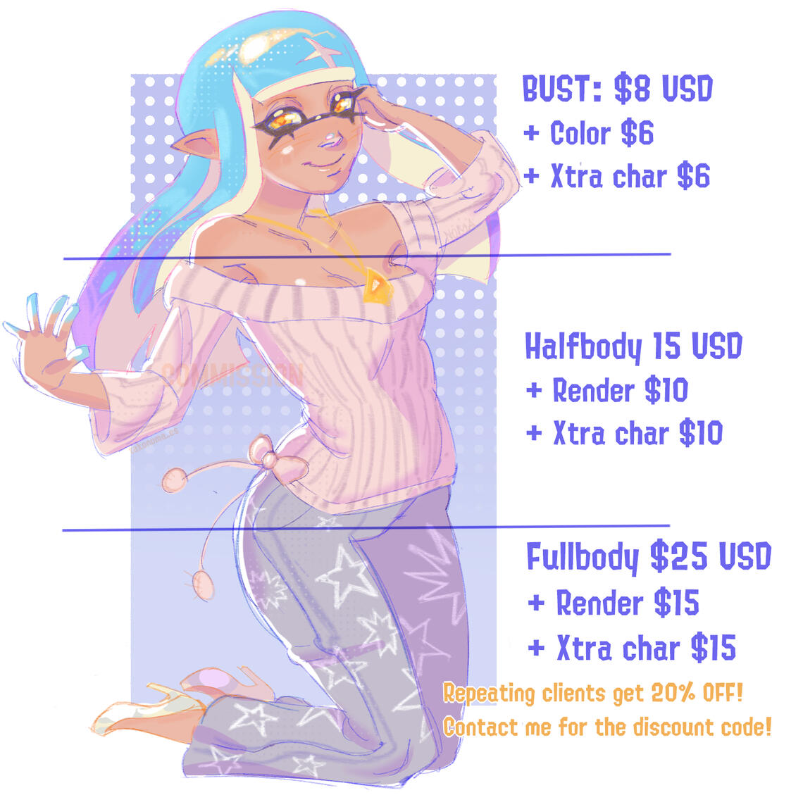 An illustration of the character Jelly by Kibbiesou. The prices are listed as the following: Bust 8 USD, Added color 6 USD extra character 6 USD. Halfbody 15 USD, added render 10 USD extra character 10 USD. Fullbody 25 USD, added render 15 USD, extra chara