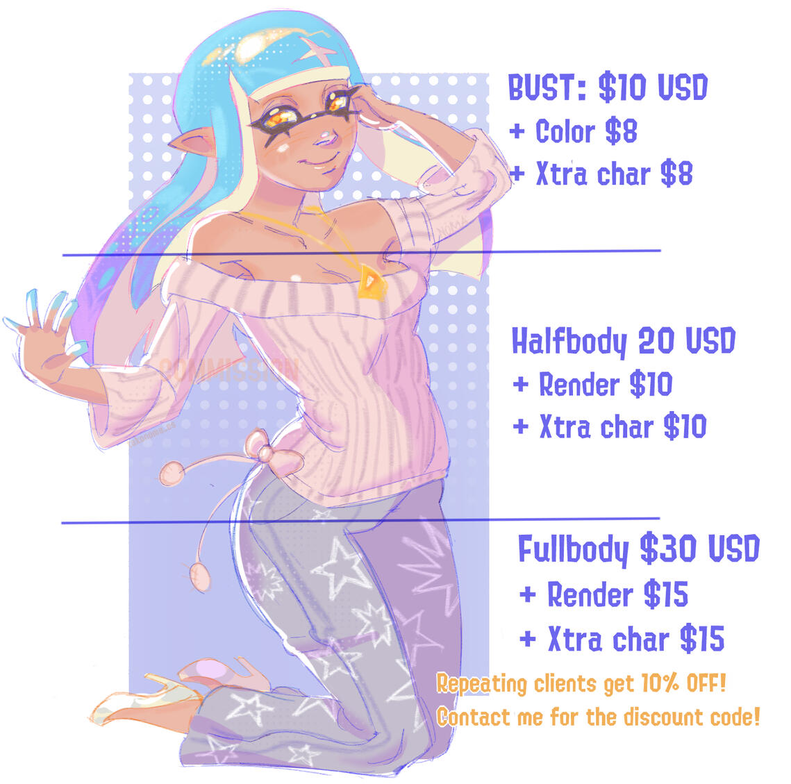 An illustration of the character Jelly by Kibbiesou. The prices are listed as the following: Bust 8 USD, Added color 6 USD extra character 6 USD. Halfbody 15 USD, added render 10 USD extra character 10 USD. Fullbody 25 USD, added render 15 USD, extra chara